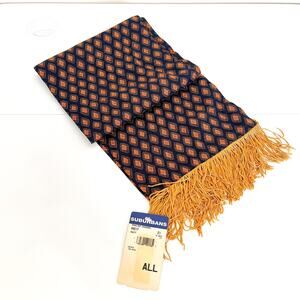 Vintage Suburbans English Channeol Diamond Print Scarf Blue Gold‎ Fringe USA O/S